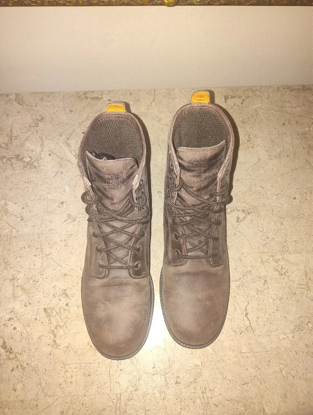 Vintage Timberland 11300 Dark Brown Leather Work Boots with Yellow Pull Tab